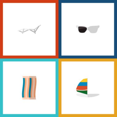 Düz sezon simge şezlong, güneş gözlüğü, sailboard ve diğer vektör nesneleri ayarlayın. Ayrıca havlu, sailboard, bez öğeleri içerir.