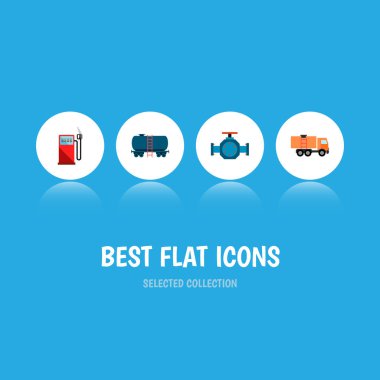 Simge düz yakıt benzin istasyonu, tanker, kamyon ve diğer vektör nesnelerini ayarlayın. Ayrıca van, petrol, pompa elemanları içerir.