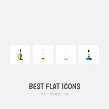 Simge düz süpürge süpürge, kova, ekipman ve diğer nesneleri ayarlayın. Ayrıca içerir paspas, süpürmek, süpürge öğeleri.