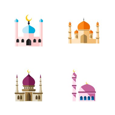 Simge düz Minare Camii, Müslüman, geleneksel ve diğer nesneleri kümesi. Ayrıca Minare, Bina, Müslüman öğeleri içerir.