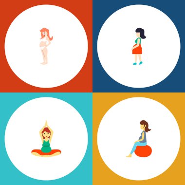 Hamile kadın, gebelik, meditasyon ve diğer vektör nesneleri simge düz hamilelik seti. Ayrıca hamile, içerir kadın, gebelik elemanları.