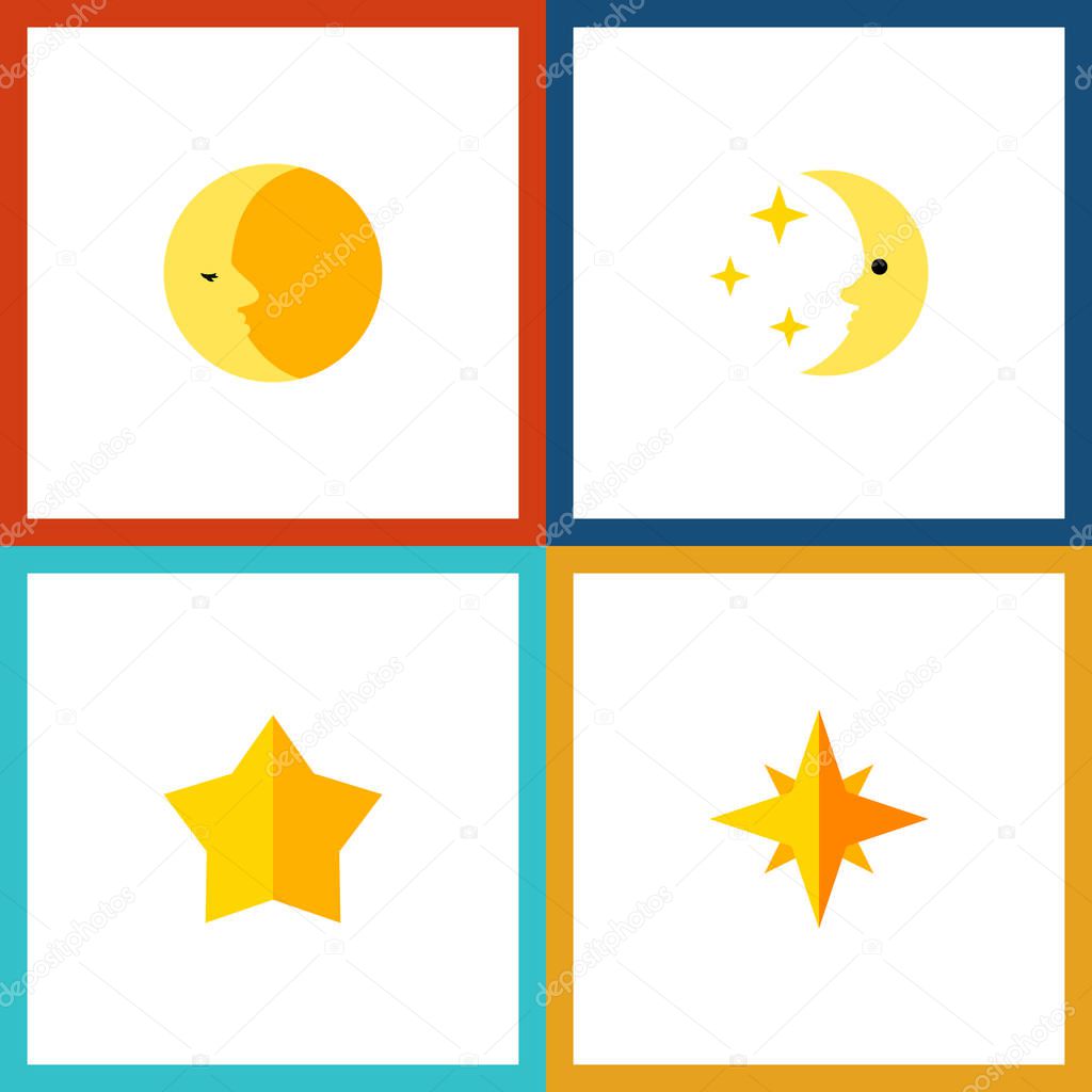 Icon flat night set of midnight, starlet, moon and other vector objects. Also includes star, sky, asterisk elements.