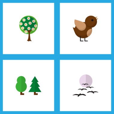 Bahçe, kuşlar, Serçe ve diğer vektör nesneleri simge düz biyo seti. Ayrıca ağaç, kuş, içerir ay öğeleri.