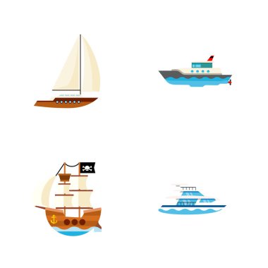 Korsan, yat, gemi ve diğer vektör nesneleri simge düz gemi seti. Ayrıca gemi, yat, tekne öğeleri içerir.