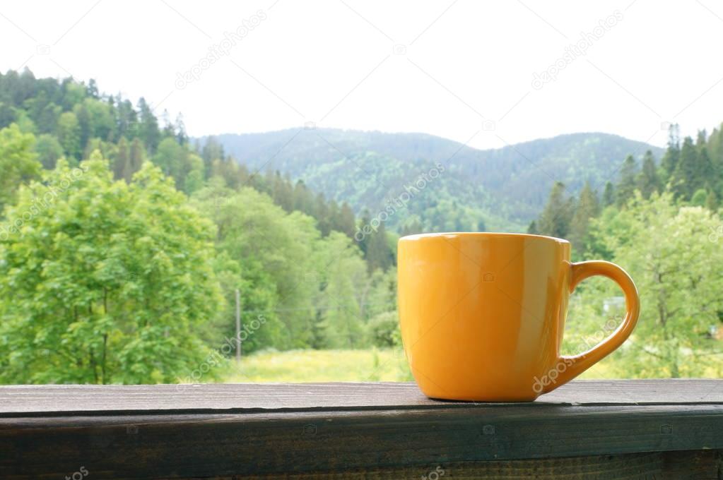 A beautiful cup with hot tea stands in front of a beautiful scenery