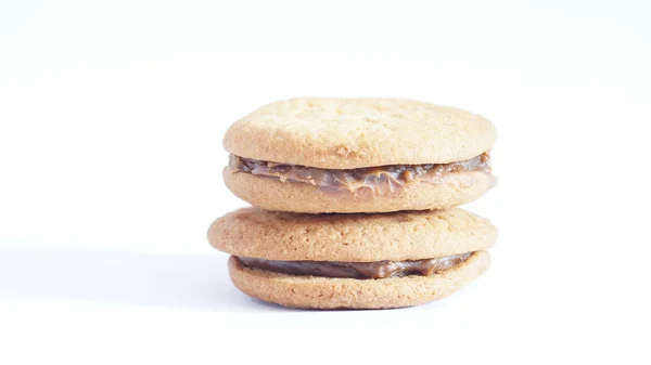 Biscuits Avoine Avec Lait Condensé Isolé Sur Fond Blanc — Photo