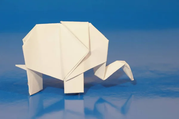 White origami of elephants. White paper elephant on a colored background. Japanese art.