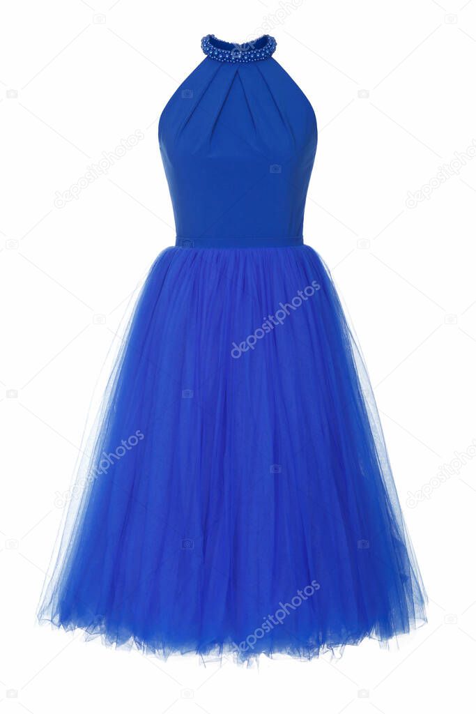 Fashionable evening blue dress  isolated on a white background