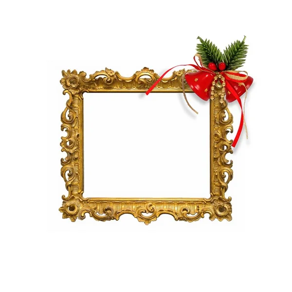 Beyaz bir arka plan üzerinde Noel süslemeleri ile altın çerçeveli çerçeve — Stok fotoğraf