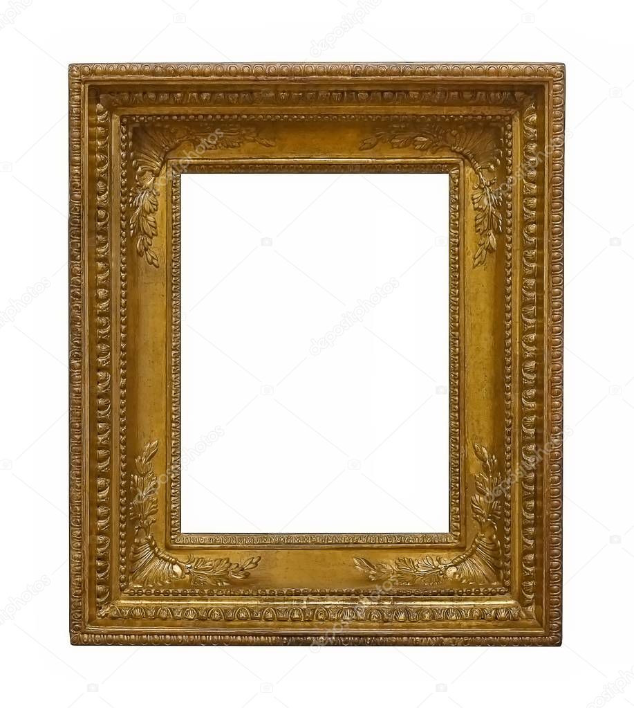 Golden (gilded) frame for paintings, mirrors or photos isolated on white background