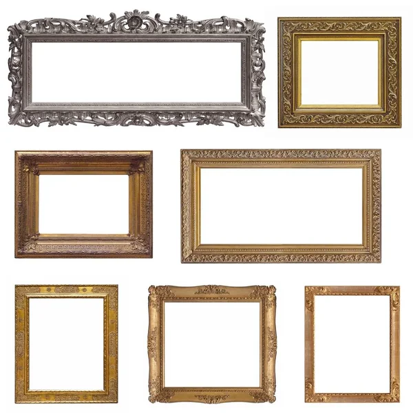 Set Wooden Silver Golden Frames Isolated White — Stock Photo, Image