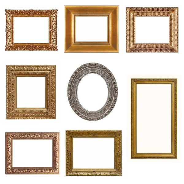 Set Cornici Legno Argento Oro Isolate Bianco — Foto Stock