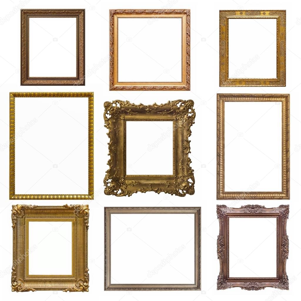 Set of wooden, silver and golden frames isolated on white