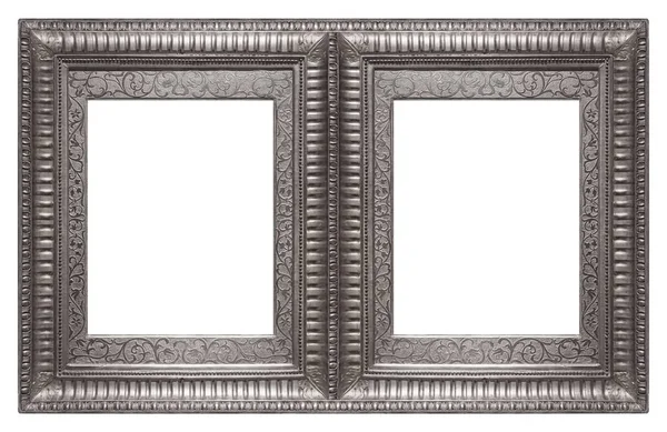 Silver double frame (diptych) on a white background for paintings, mirrors or photos