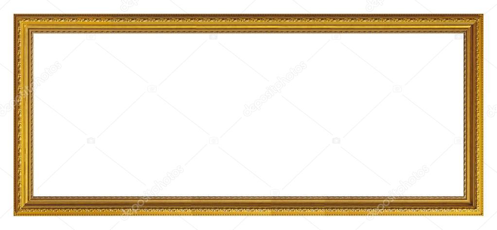 Panoramic golden frame for paintings, mirrors or photo isolated on white background