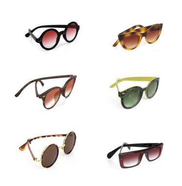 Bir portreye başvurmak için beyaz arkaplanda izole edilmiş güneş gözlüğü seti