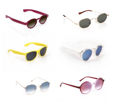 Bir portreye başvurmak için beyaz arkaplanda izole edilmiş güneş gözlüğü seti