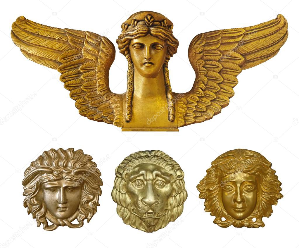 Set of gold decorative elements isolated on white background (lion, face, mask)