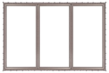 Beyaz arkaplanda izole edilmiş resimler, aynalar veya fotoğraflar için üçlü gümüş çerçeve (triptych). Kırpma yolu ile tasarım ögesi