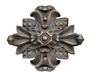 Beyaz arka planda izole edilmiş çiçek desenli bronz dekoratif element. Kırpma yolu ile tasarım ögesi