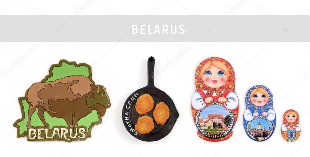 Souvenir (magnet) from Belarus isolated on white background. Belarusian inscription does the name 
