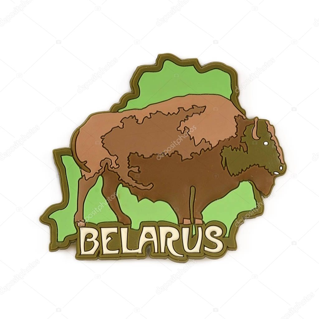 Souvenir (magnet) from Belarus with the image of a national nature reserve and bison isolated on white background. Design element with clipping path