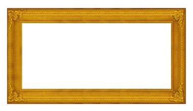 Beyaz arkaplanda izole edilmiş resimler, aynalar veya fotoğraf için panoramik altın çerçeve