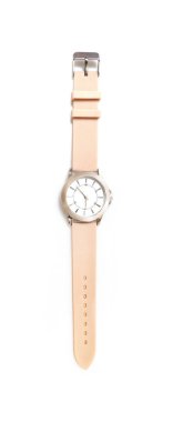 Beyaz bir arka planda izole edilmiş plastik bir kayıttaki kol saati. Kırpma yolu ile tasarım ögesi