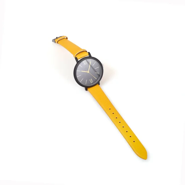 Zegarek Skórzanym Pasku Białym Tle Element Konstrukcyjny Ścieżką Wycinania — Zdjęcie stockowe