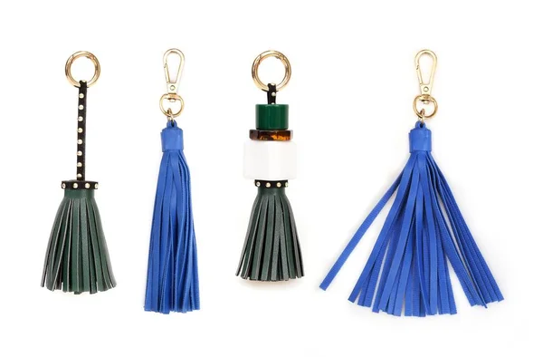 Green Blue Leather Tassels Isolated White Background Creating Graphic Concepts — Stock Photo, Image