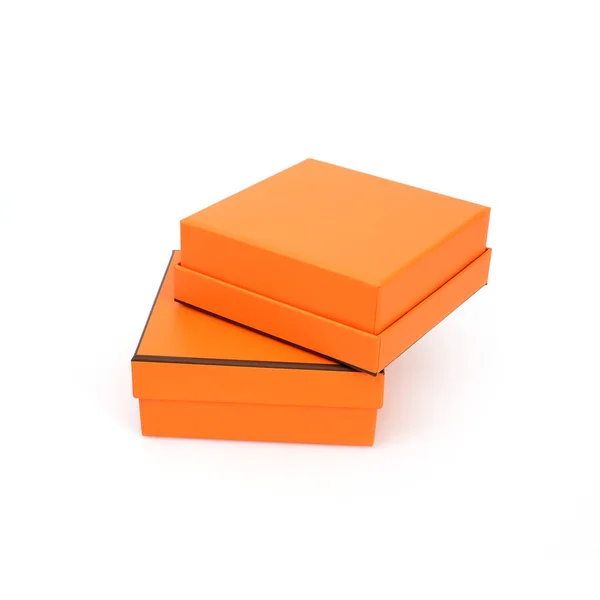Δύο Πορτοκαλί Κουτιά Που Απομονώνονται Λευκό Φόντο — Φωτογραφία Αρχείου
