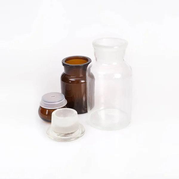 Brown Transparent Glass Jars Laboratory Medical Research Isolated White Background — 스톡 사진