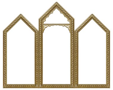 Beyaz arka planda bulunan resimler, aynalar veya fotoğraflar için üçlü altın gotik çerçeve (triptych). Kırpma yolu ile tasarım ögesi