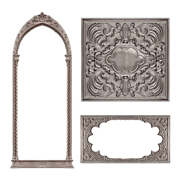 Set Silver Gothic Frames Paintings Mirrors Photo Isolated White Background — Stock Photo, Image
