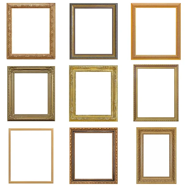 Set Golden Frames Paintings Mirrors Photo Isolated White Background — Stock Photo, Image