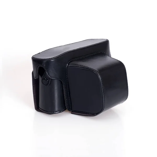 Черный Кожаный Чехол Камеры Белом Фоне — стоковое фото