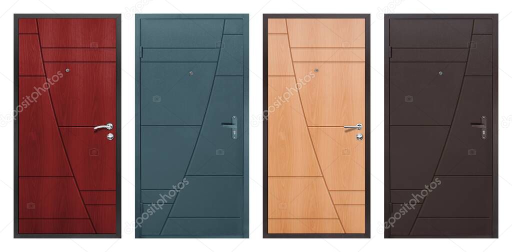 Set of models of entrance metal doors isolated on white background