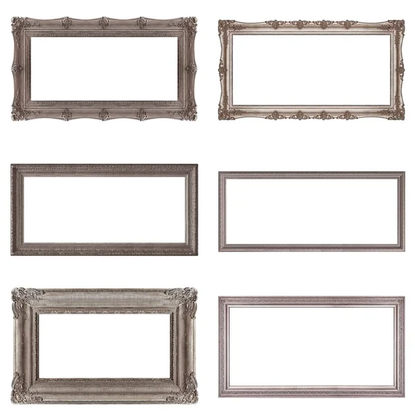 Set Panoramic Silver Frames Paintings Mirrors Photo Isolated White Background — Stock Photo, Image