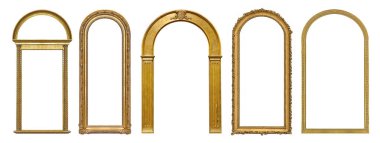 Beyaz arka plan üzerinde izole resimler, aynalar veya fotoğraf için panoramik altın çerçeveler seti