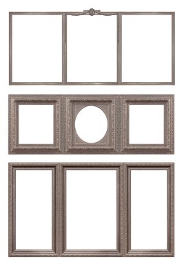 Beyaz arkaplanda izole edilmiş resimler, aynalar veya fotoğraflar için üçlü gümüş çerçeveler (triptych) kümesi