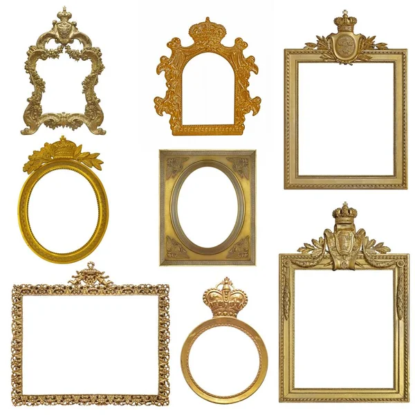 Uppsättning Gyllene Ramar Med Kronan För Målningar Speglar Eller Foto — Stockfoto