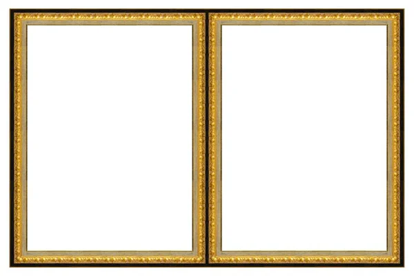 Double Golden Frame Diptych Paintings Mirrors Photos Isolated White Background — Stock Photo, Image