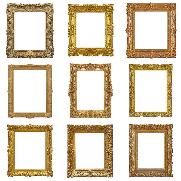 Set Cornici Dorate Quadri Specchi Foto Isolate Sfondo Bianco — Foto Stock