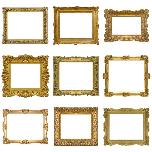 Set Golden Frames Paintings Mirrors Photo Isolated White Background Stock Picture