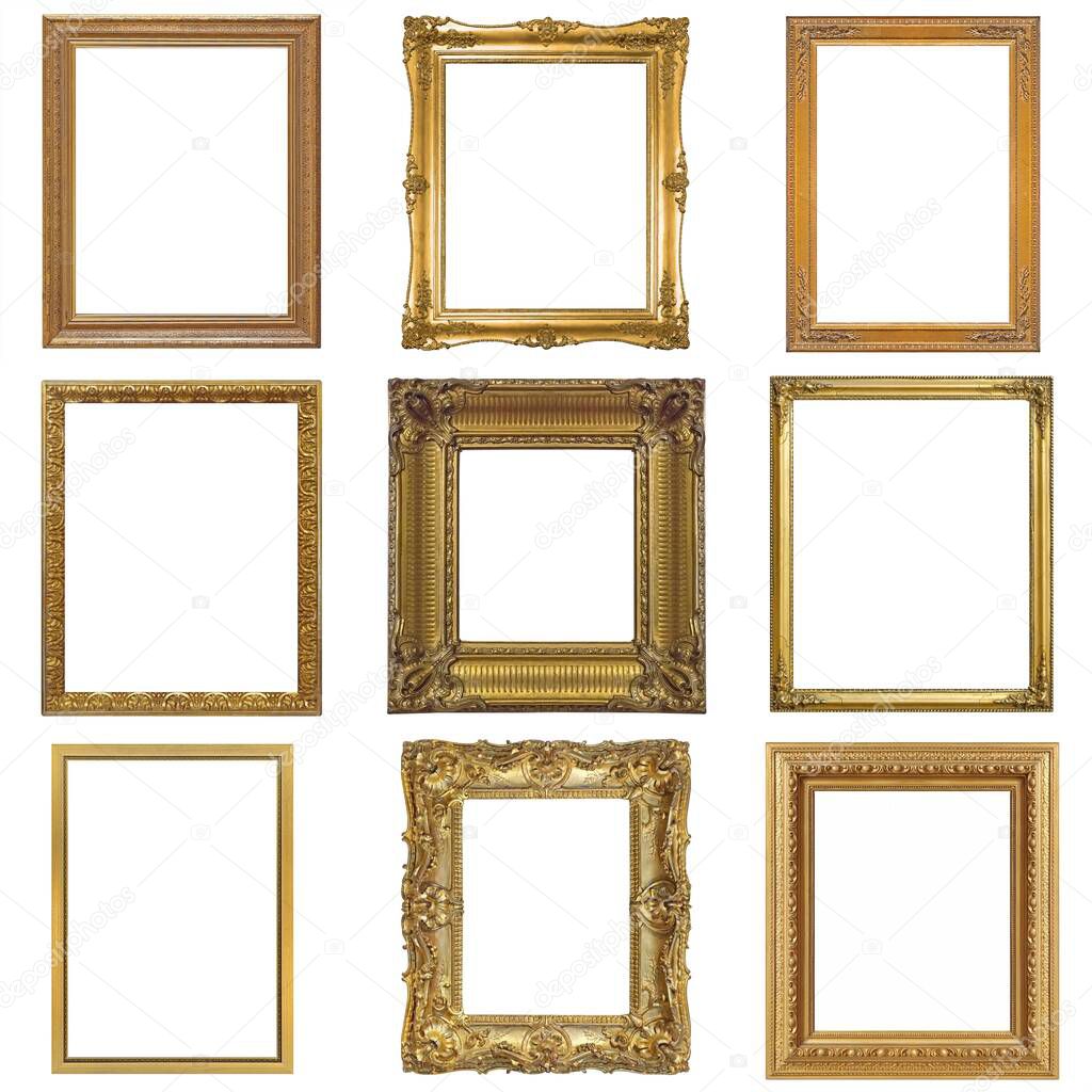 Set of golden frames for paintings, mirrors or photo isolated on white background