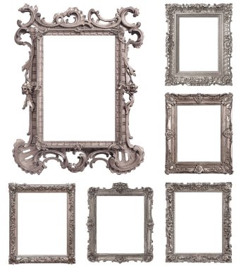 Beyaz arkaplanda izole edilmiş resimler, aynalar veya fotoğraf için gümüş çerçeveler