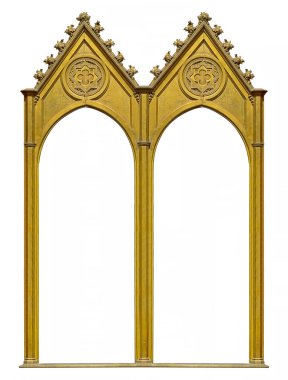 Beyaz arka planda izole edilmiş resimler, aynalar veya fotoğraflar için çift altın gotik çerçeve (diptych). Kırpma yolu ile tasarım ögesi