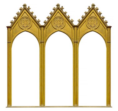 Beyaz arka planda bulunan resimler, aynalar veya fotoğraflar için üçlü altın gotik çerçeve (triptych). Kırpma yolu ile tasarım ögesi