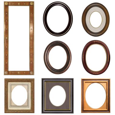Beyaz arka planda izole edilmiş resimler, aynalar veya fotoğraflar için oval ahşap çerçeveler.