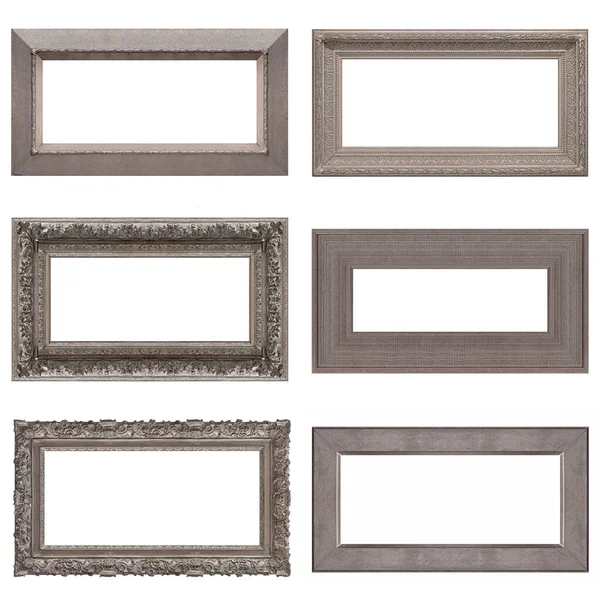 Set Panoramic Silver Frames Paintings Mirrors Photo Isolated White Background — Stock Photo, Image